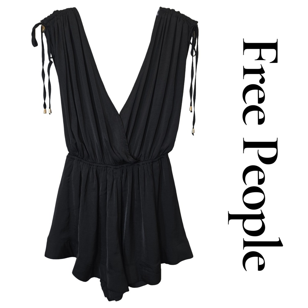 Free People Romper Womens S Black Boho Chic Deep V-Neck Adjustable Ties